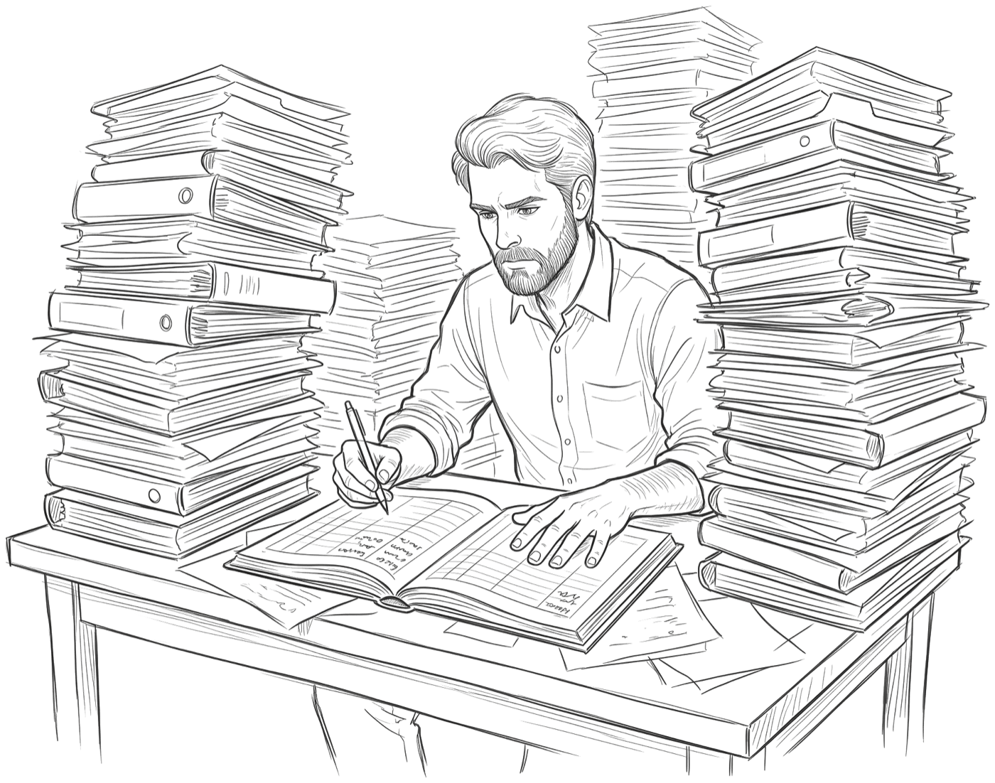 A desk buried under files, the state of records before a filing deadline